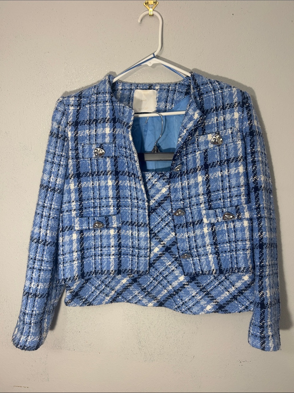 Mango MNG Blue Tweed Jacket Mini Skirt 2 Piece Set M